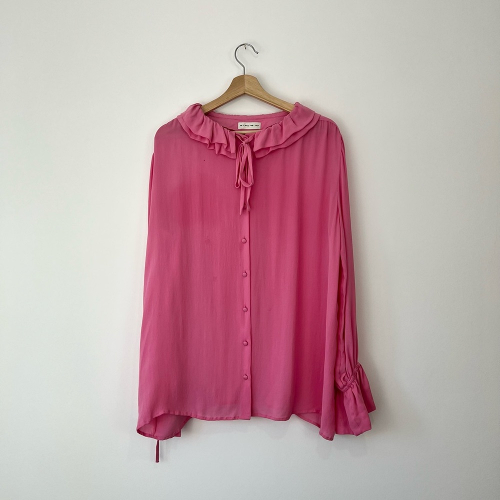 Etro Pink 100% Silk Ruffled Neckline Oversized Button Up Tie Blouse UK L - Picture 1 of 15